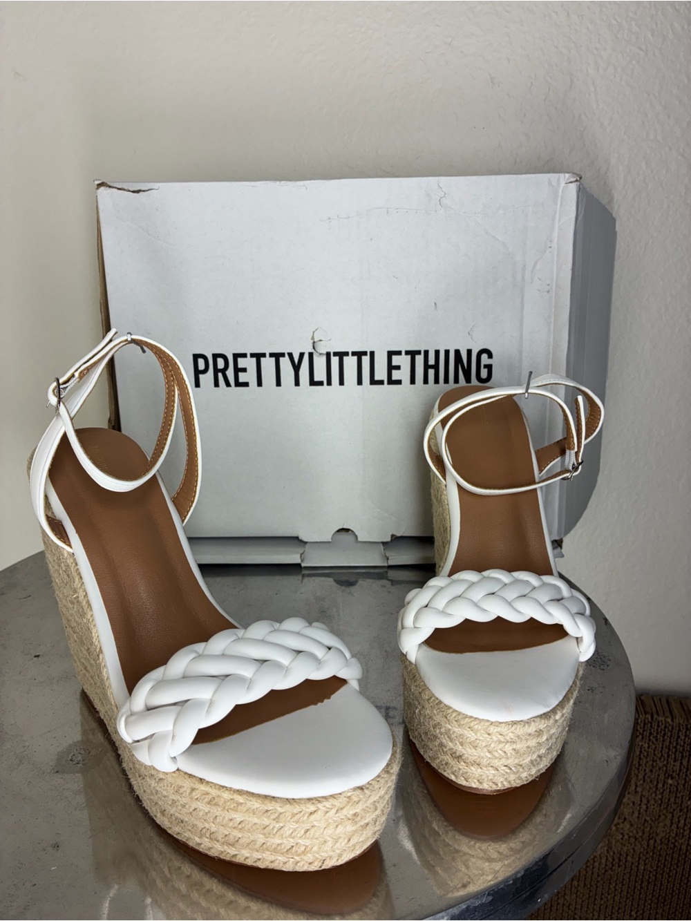 New PrettyLittleThing White Braided Espadrille Wedge Sandals, size 7